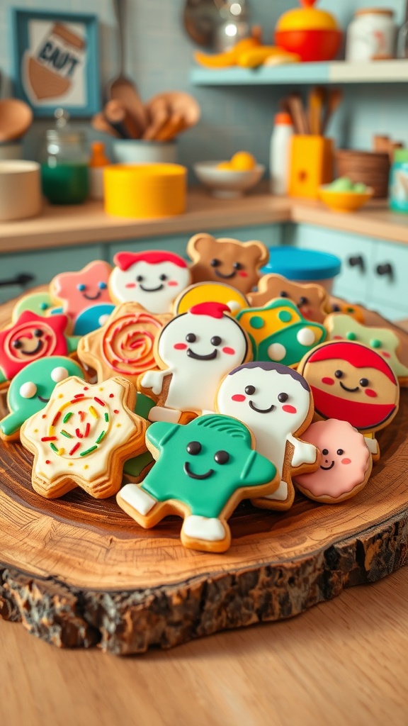 An assortment of colorful Cookie Run-inspired cookies shaped like characters, decorated with icing and sprinkles on a wooden platter.
